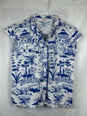 2/$15 Jayes Studio Pajama Top Toile Pastoral Print Size Small 6-8 Blue White